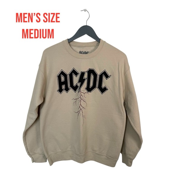 AC/DC Other - AC/DC Men's Medium Crewneck Sweatshirt – Beige Lightning Bolt Graphic
